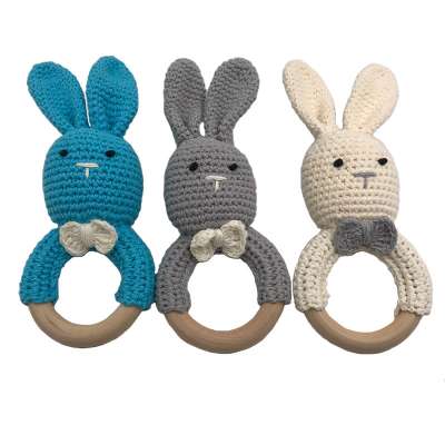 Bunny Ear Shape Wood Ring Rattles Baby Muslin Knitting Blankie Teether Wooden Teether Toy Gift Set